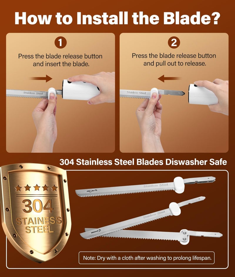 H & K Cordless Electric Knife for Carving Meats, Poultry, Bread, Crafting Foam & More, Included Dual 304 Stainless Steel Blades, Fork, Foldable Cutting Board - Image 5